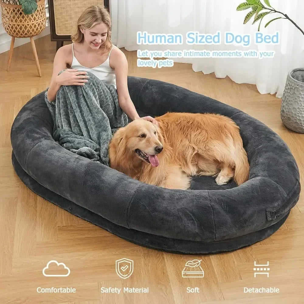 Human-Sized Dog Bed for Adults - Giant Nap Bed in Dark Grey & Black, 72"X48"X10"