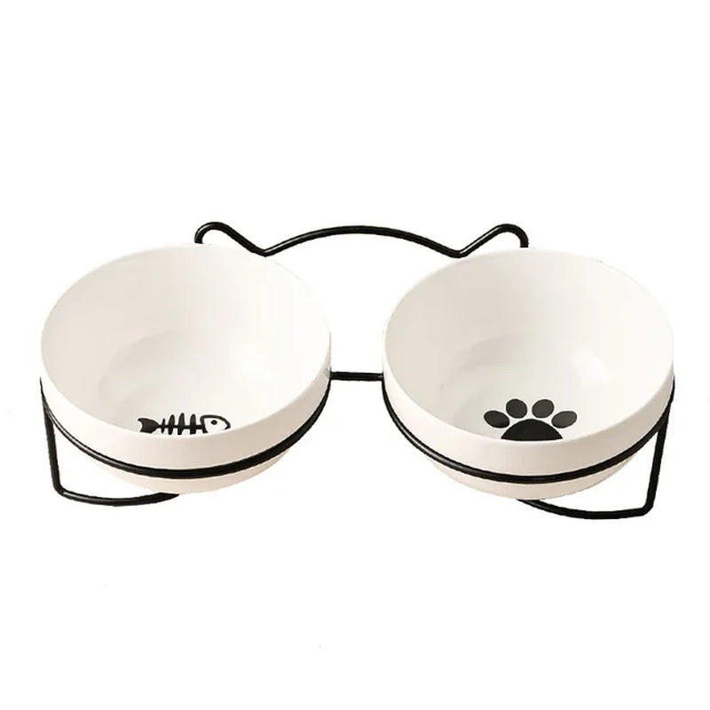 Pet Cat Bowl Ceramic 500ML Water Feeder Food Feeding Dish Dispenser with Raised Stand Kitten Puppy Metal Elevated Bowl