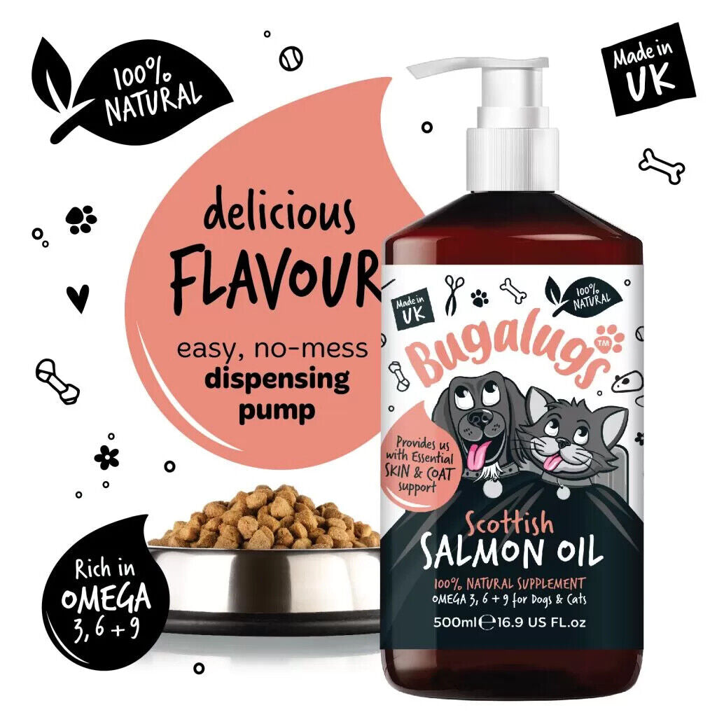 Bugalugs Salmon Oil 500Ml 100% Pure Oil for Dogs, Cats & Ferrets, Omega 3, 6 & 9