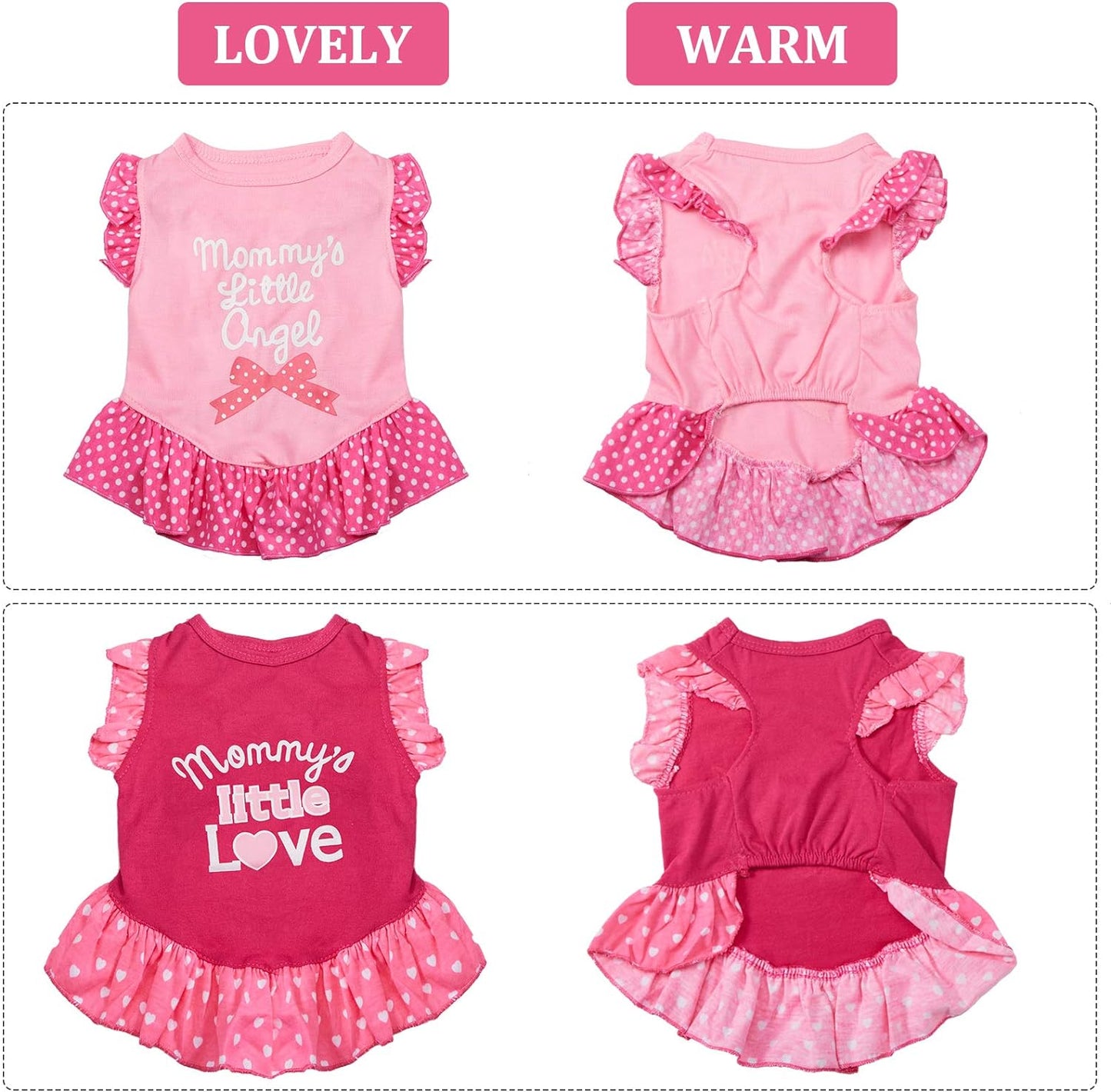 2 Pieces Dog Dresses for Small Dogs Cute Girl Female Doggie Dress Mommy Puppy Shirt Skirt, Pet Summer Clothes Apparel for Cats (Love and Angel)