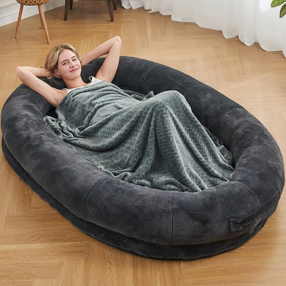 Human-Sized Dog Bed for Adults - Giant Nap Bed in Dark Grey & Black, 72"X48"X10"