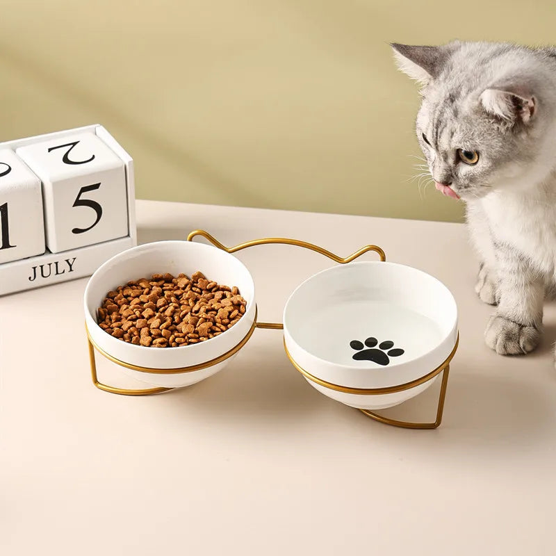 Pet Cat Bowl Ceramic 500ML Water Feeder Food Feeding Dish Dispenser with Raised Stand Kitten Puppy Metal Elevated Bowl