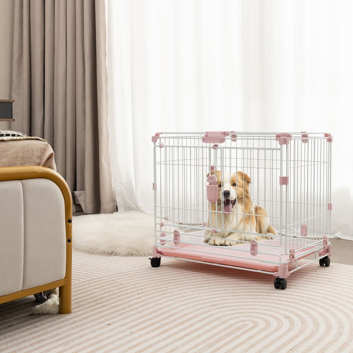 Folding Dog Kennel with Double Lockable Door and Wheels