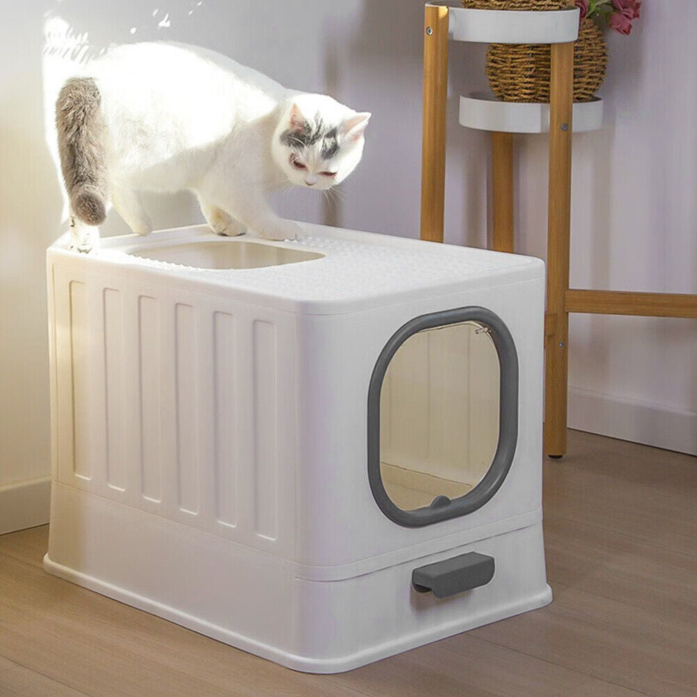 Grey Large Cat Litter Box Cat Pan Drawer Anti-Splashing Cat Potty Tray Cleaning