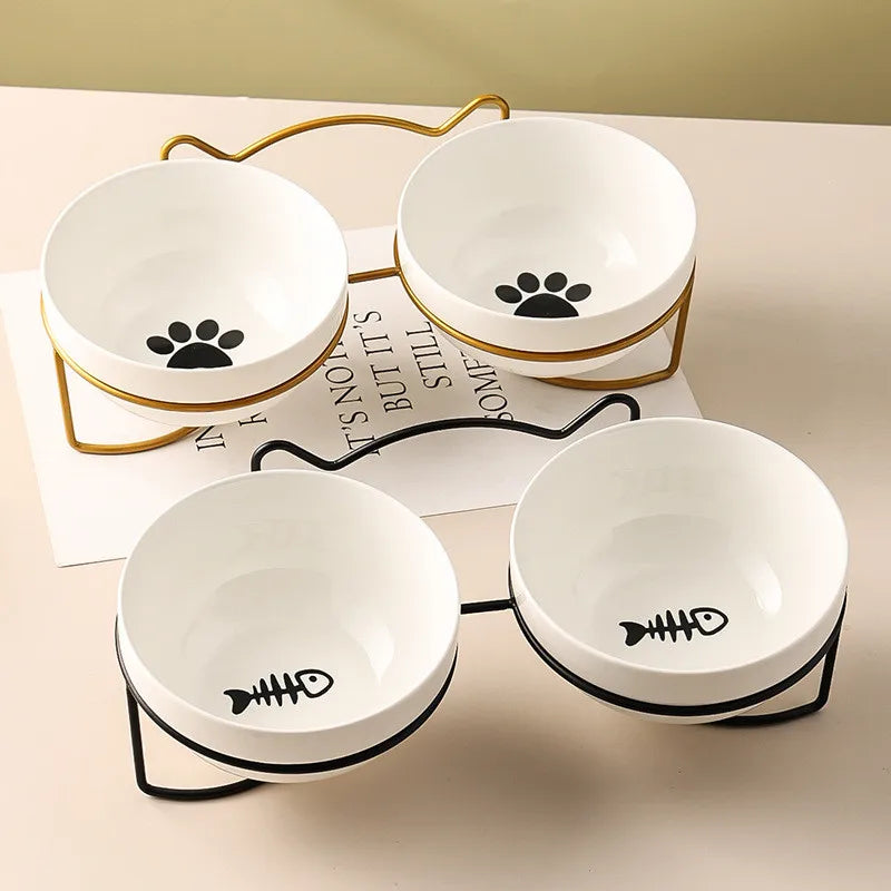 Pet Cat Bowl Ceramic 500ML Water Feeder Food Feeding Dish Dispenser with Raised Stand Kitten Puppy Metal Elevated Bowl