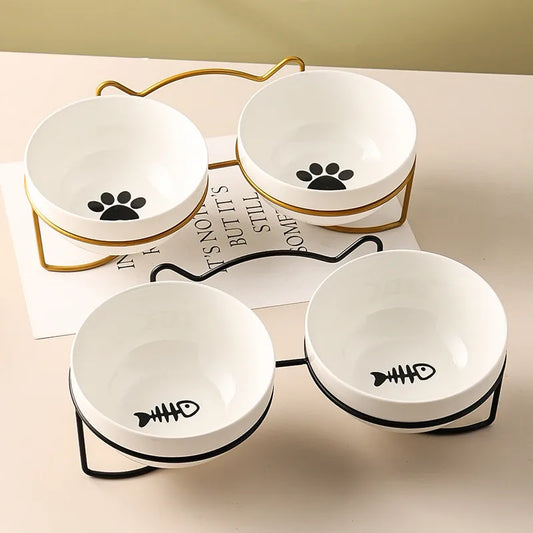 Pet Cat Bowl Ceramic 500ML Water Feeder Food Feeding Dish Dispenser with Raised Stand Kitten Puppy Metal Elevated Bowl