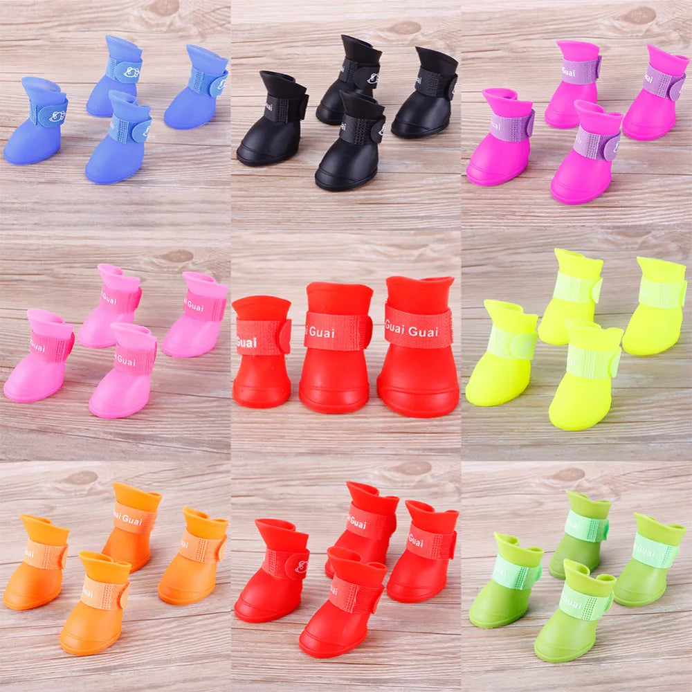 4Pcs/Set Lovely Pet Dog Shoes Puppy Candy Colors Rubber Boots Waterproof Pet Rain Shoes Pet Products #245489